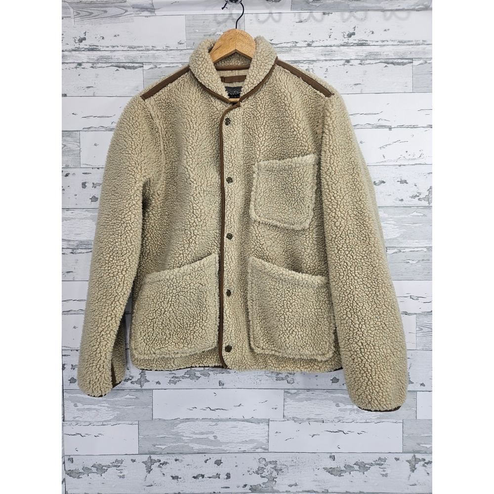 J.Crew Nordic Sherpa Fleece Jacket Mens Medium Beige Full Zip Snap Button Coat